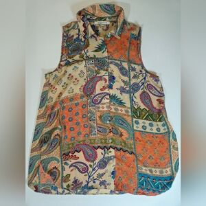 Rose + Olive Blouse Womens Medium Button Down Paisley Patchwork Orange Blue Boho